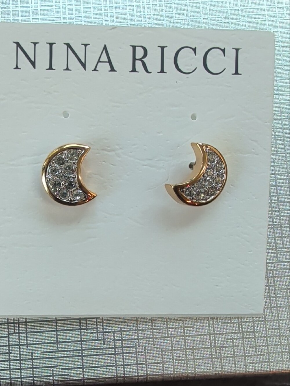 Nina Ricci Gold Crescent Moon w Swavorski Crystal Stud Earrings NWOT